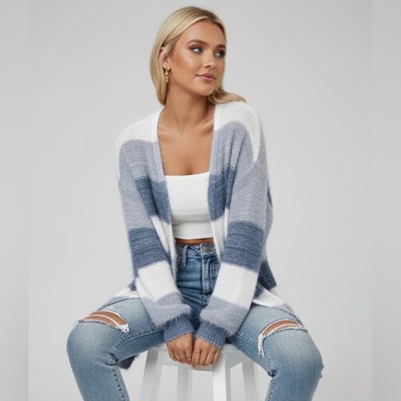 Blue Drop Shoulder Open Front Fluffy Knit Cardigan - Picture 2 of 9